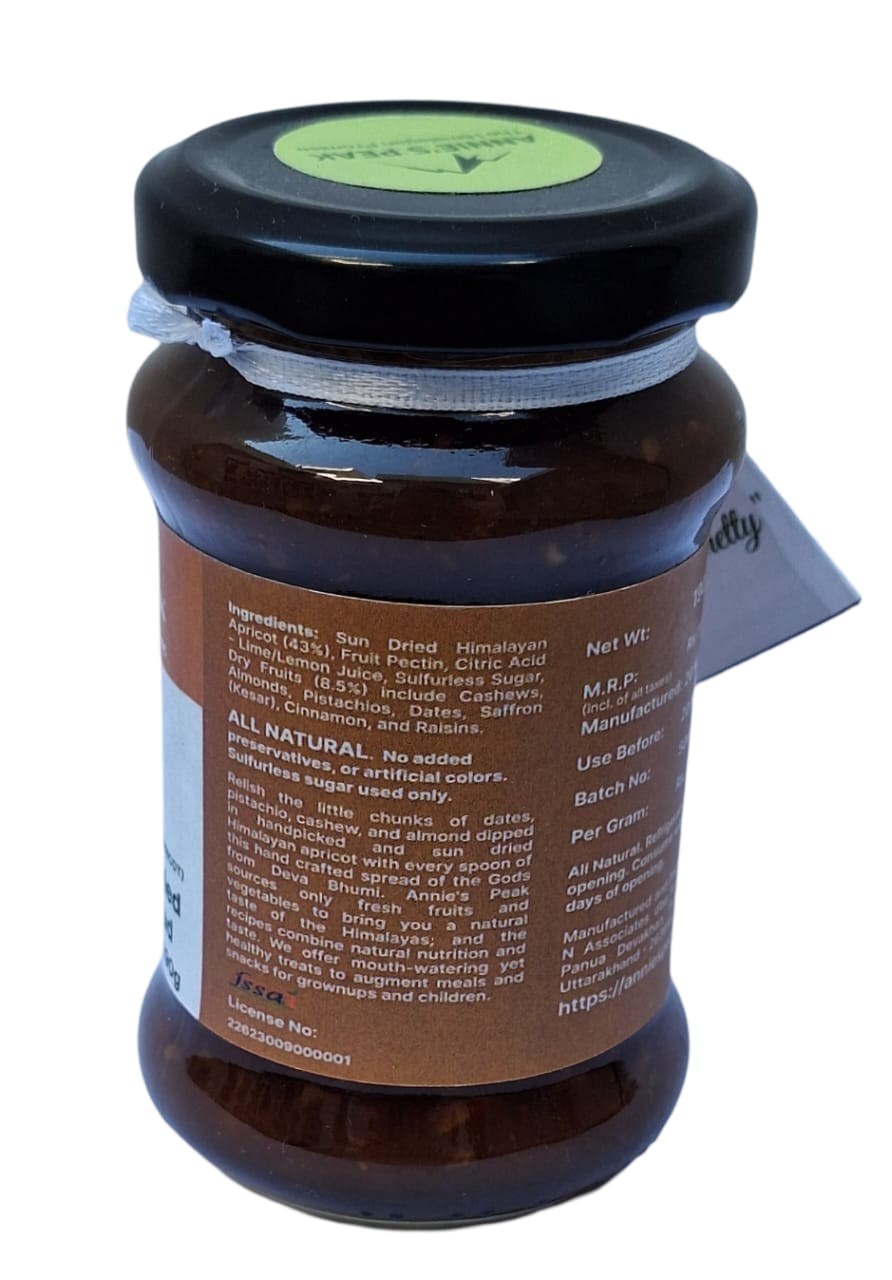 Dry fruits sun dried apricot jam | 190 grams | Himalayan apricot sundried in crisp Himalayan sun | Loaded with pistachios, cashews, almonds, dates, kesar, and raisin | Sulfurless sugar | All natural | No preservatives, artificial colors, or chemicals used - Annie's Peak