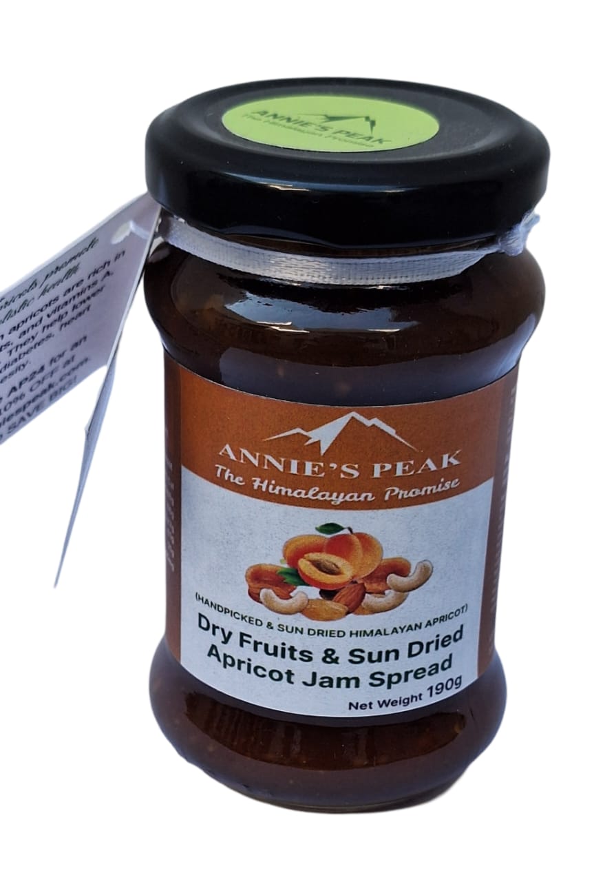 Dry fruits sun dried apricot jam | 190 grams | Himalayan apricot sundried in crisp Himalayan sun | Loaded with pistachios, cashews, almonds, dates, kesar, and raisin | Sulfurless sugar | All natural | No preservatives, artificial colors, or chemicals used - Annie's Peak