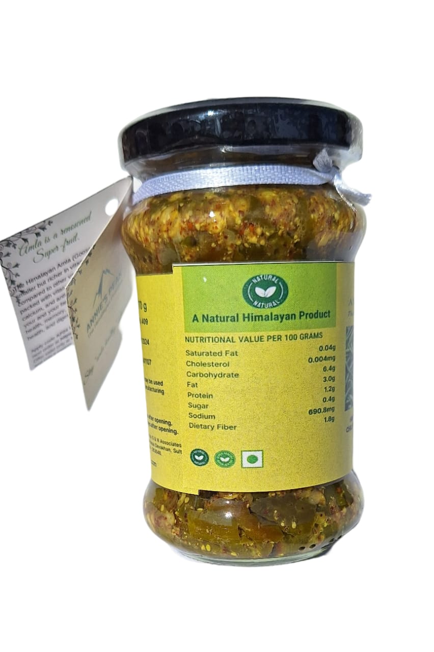 Nutritional Value label jar of Annie's Peak Himalayan Green Chili preserved in extra virgin olive oil on a clear background