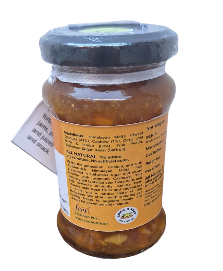 Himalayan Malta (Sweet Orange) and Cashew Jam | 190 gram | Loaded with cashews | Preserved in sulfurless sugar | No artificial preservative or color | All natural - Annie's Peak
