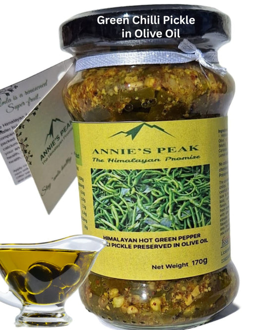 Himalayan Green Chili Pickle preserved in olive oil 170 grams | All natural | Fresh Himalayan spices | No artificial preservative and color | Antioxidants rich family immunity booster