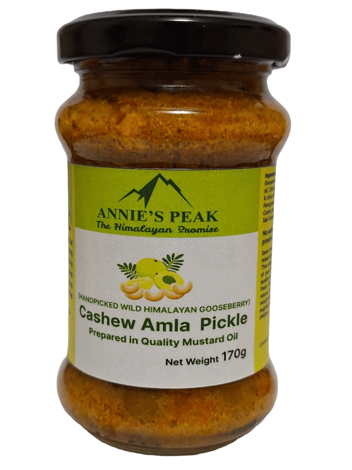 Cashew amla pickle in Mustard oil | 170 gram | Superfruit amla with cashews is rich in antioxidants, calcium, vitamins C, A, E and boosts immunity, health, and memory | Sendha (pink) salt | Pure spices | All natural | No artificial preservative or color - Annie's Peak