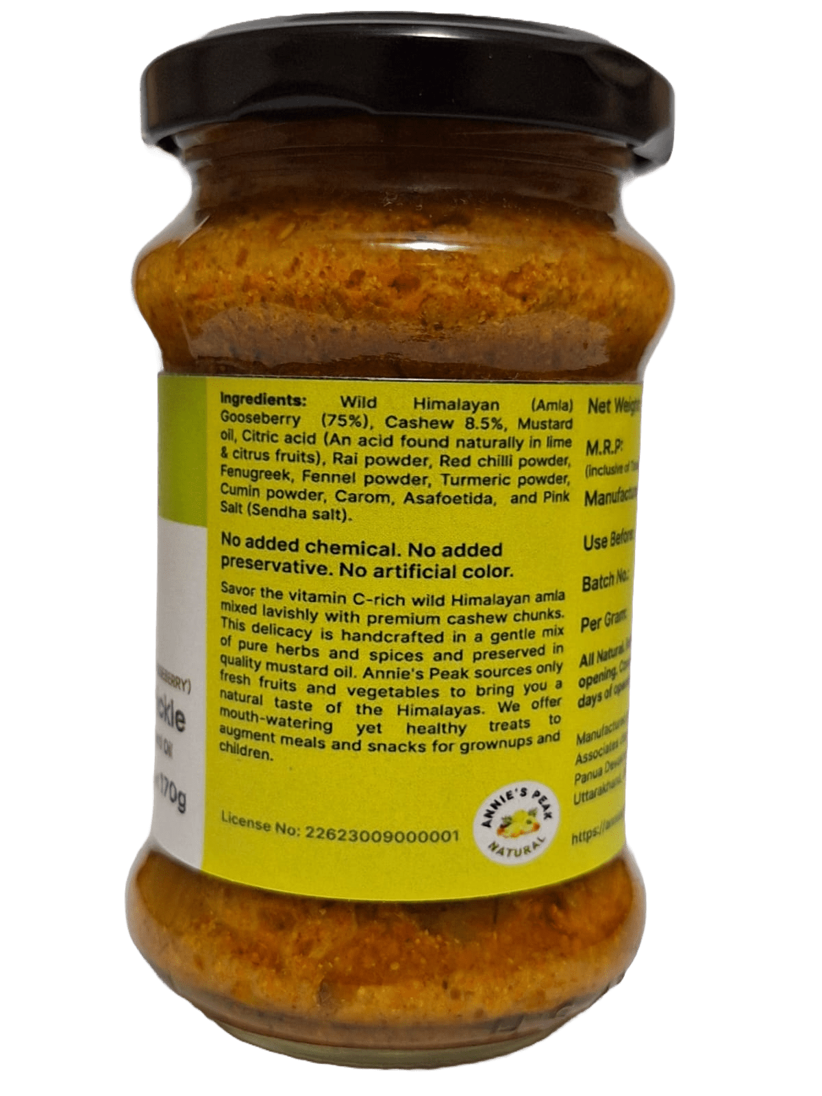 Cashew amla pickle in Mustard oil | 170 gram | Superfruit amla with cashews is rich in antioxidants, calcium, vitamins C, A, E and boosts immunity, health, and memory | Sendha (pink) salt | Pure spices | All natural | No artificial preservative or color - Annie's Peak