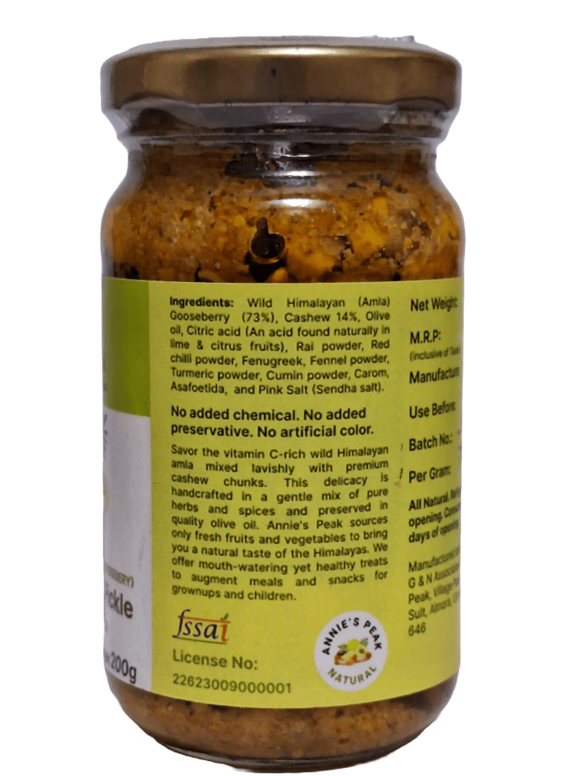 Cashew amla pickle in Olive oil | 200 gram | Superfruit amla with cashews is rich in antioxidants, calcium, vitamins C, A, E and boosts immunity, health, and memory | Sendha (pink) salt | Pure spices | All natural | No artificial preservative or color - Annie's Peak