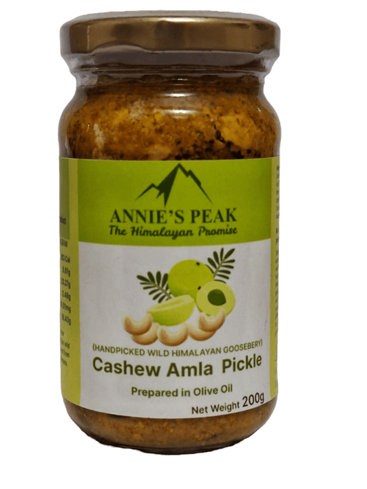 Cashew amla pickle in Olive oil | 200 gram | Superfruit amla with cashews is rich in antioxidants, calcium, vitamins C, A, E and boosts immunity, health, and memory | Sendha (pink) salt | Pure spices | All natural | No artificial preservative or color - Annie's Peak