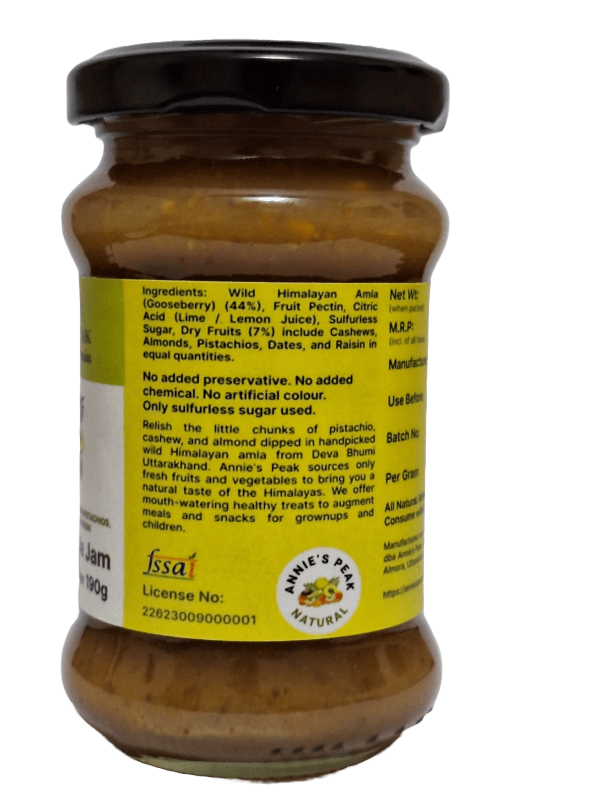 Dry fruits amla jam | 190 grams | Superfruit amla loaded with dry fruits is rich in antioxidants, calcium, vitamins C, A, and E boosts immunity, health, and memory | Sulfur-less sugar used | All natural | No artificial preservative or color added - Annie's Peak