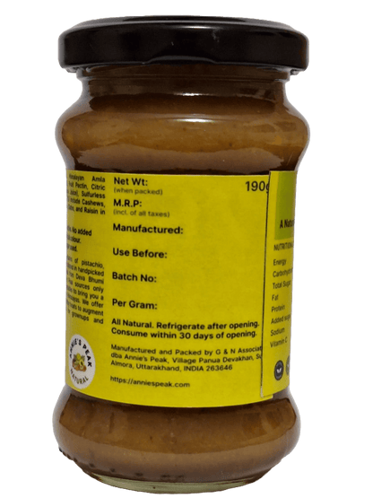 Dry fruits amla jam | 190 grams | Superfruit amla loaded with dry fruits is rich in antioxidants, calcium, vitamins C, A, and E boosts immunity, health, and memory | Sulfur-less sugar used | All natural | No artificial preservative or color added - Annie's Peak