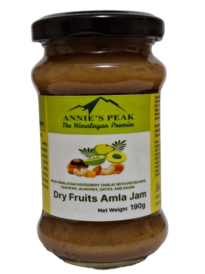 Dry fruits amla jam | 190 grams | Superfruit amla loaded with dry fruits is rich in antioxidants, calcium, vitamins C, A, and E boosts immunity, health, and memory | Sulfur-less sugar used | All natural | No artificial preservative or color added - Annie's Peak