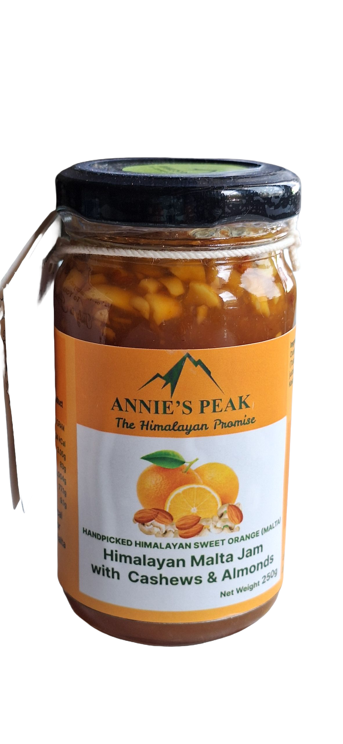Jar of Annie's Peak Himalayan Malta Marmalade Jam with Cashews & Almonds on a clear background