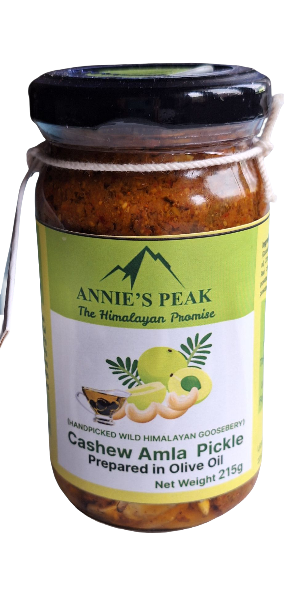 Front label on a Jar of Annie's Peak Cashew Amla Pickle on a clear background